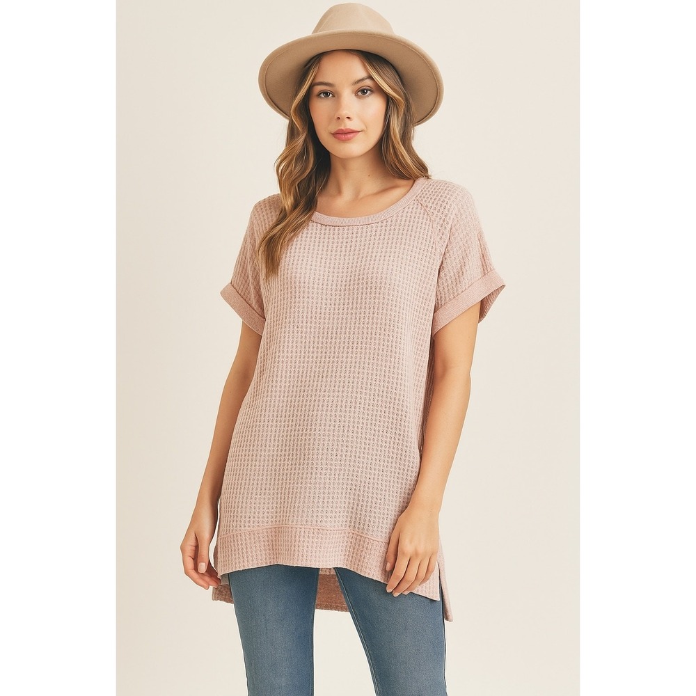 Umgee Women Waffle Knit Tunic Top S Blush Raw Seam Relaxed Boho Coastal Longline - Picture 2 of 12